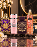 Kit 3 Perfumes Orientica Velvet Gold · Yara · Lattafa Amethyst + Perfumero y Splash Victoria's Secret