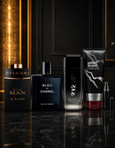 Kit 3 Perfumes Man in Black · Bleu de Chanel · 212 VIP Black + Perfumero y Crema Perfumada