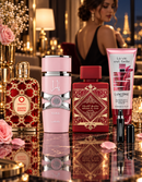 Kit 3 Perfumes Yara · Orientica Amber Rouge · Lattafa Sublime + Perfumero y Crema Perfumada