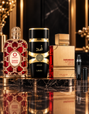 Kit 3 Perfumes Al Haramain Rouge · Orientica Amber Rouge · Asad + Perfumero Recargable