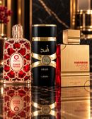 Kit 3 Perfumes Al Haramain Rouge · Orientica Amber Rouge · Asad + Perfumero Recargable