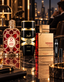 Kit 3 Perfumes Al Haramain Rouge · Orientica Amber Rouge · Asad + Perfumero Recargable