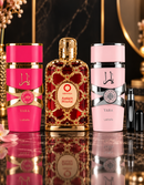Kit 3 Perfumes Yara · Yara Candy · Orientica Amber Rouge + Perfumero Recargable