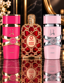 Kit 3 Perfumes Yara · Yara Candy · Orientica Amber Rouge + Perfumero Recargable