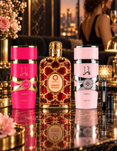 Kit 3 Perfumes Yara · Yara Candy · Orientica Amber Rouge + Perfumero Recargable