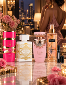 Kit 3 Perfumes Yara Candy · Lattafa Honor & Glory · Haya + Perfumero y Splash Victoria's Secret