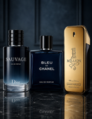 Kit 3 Perfumes Sauvage · Bleu de Chanel · One Million + Perfumero y Crema Perfumada