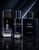 Kit 3 Perfumes 212 VIP Black · Sauvage · Bleu de Chanel + Perfumero Recargable