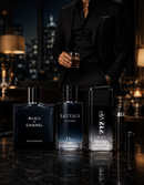 Kit 3 Perfumes 212 VIP Black · Sauvage · Bleu de Chanel + Perfumero Recargable