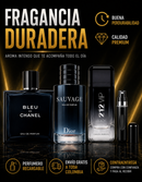 Kit 3 Perfumes 212 VIP Black · Sauvage · Bleu de Chanel + Perfumero Recargable
