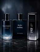 Kit 3 Perfumes Sauvage · Bleu de Chanel · 212 VIP Black + Perfumero Recargable